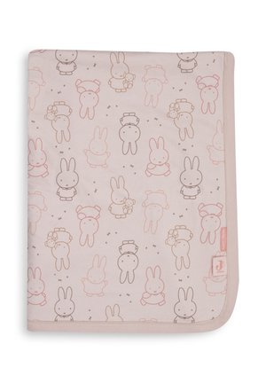 Baby blanket in light pink with repeated pattern of simple bunny characters in various poses, some holding teddy bears, outlined in soft pastel colors.