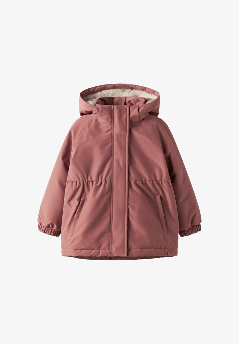 Vaikų dulkių rožinės spalvos paminkštinta striukė su gaubtu, išklota balta vilna, elastingais rankogaliais, priekinėmis kišenėmis ir uždengtu užtrauktuku.