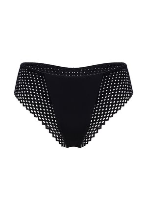 Culotte bikini noire avec un devant uni et des panneaux en maille texturée sur les côtés, présentant un motif en losange et des bords festonnés.