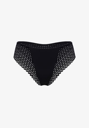 Culotte bikini noire avec un devant uni et des panneaux en maille texturée sur les côtés, présentant un motif en losange et des bords festonnés.