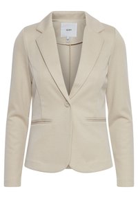 Béžový blazer s texturovaným povrchem, přizpůsobený design, klopové límce, zapínání na jediný knoflík a dvě přední kapsy.