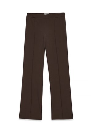 Dark brown straight-leg trousers with a high waist and front crease detailing, laid flat on a white background.
