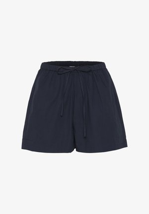 Granatowe szorty z lekkiego materiału, z elastycznym paskiem w talii i sznurkiem ściągającym oraz luźnym krojem nogawek.