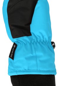 Blå och svart vintervante tillverkad av vattentåligt tyg med en texturerad svart fleecefoder, med en GORE-TEX-etikett och elastisk handled.