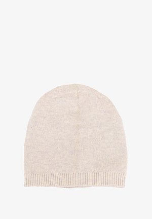 Berretto a maglia beige chiaro con una texture liscia, forma arrotondata e dettaglio in costina alla base.