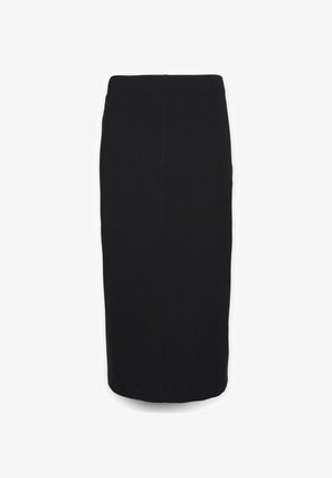 Zwarte kokerrok met een aansluitend ontwerp. Gemaakt van gestructureerde stof, met een soepele tailleband en een knie-lange zoom met een centrale naaddetail.