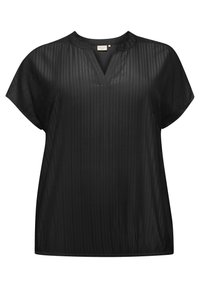 Blouse noire à manches courtes avec un décolleté en V et une texture à rayures verticales. Présente une coupe ample et un tissu léger. Design simple et moderne.