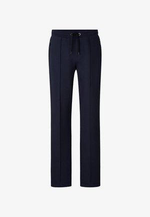 Marineblauwe sweatpants met een taillekoord, zijzakken met rits en een rechte pijp; gemaakt van zachte stof met een gladde textuur.