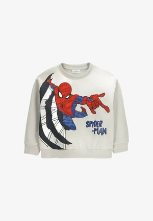 Jasnoszara bluza z nadrukiem Spider-Mana w czerwono-niebieskim kostiumie, wyrzucającego sieć po lewej stronie, oraz napisem "Spider-Man" po prawej.