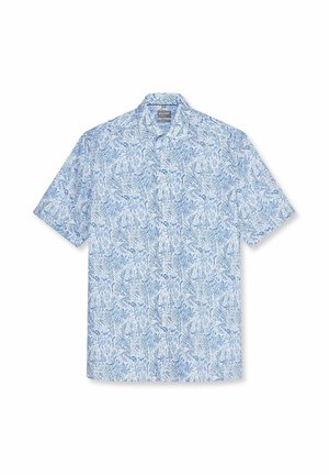Hellblaues kurzärmeliges Hemd mit Knopfleiste, einem detaillierten dunkelblauen floralen Paisley-Muster und einem Standardkragen.