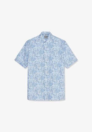 Lichtblauw overhemd met korte mouwen en knopen, met een gedetailleerd donkerblauw bloemrijk paisleymotief en een standaardkraag.