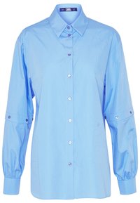 Light blue button-up shirt made of cotton. Features a classic collar, long sleeves with buttoned cuffs, and shiny blue buttons.