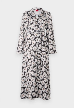 Mustika mustriga pikk rokk musta värvi, valgete karikakardega ja oranžide aktsentidega, pikki varrukatega, krae ja sidumisvööga. Sile kangastekstuuri.