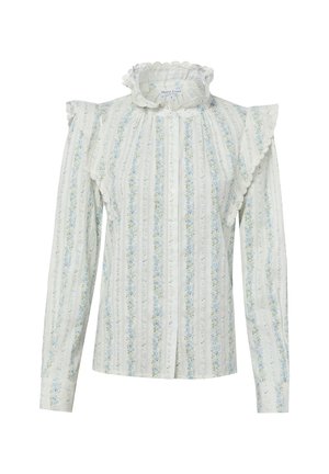 Witte blouse met knopen, met blauwe en groene bloemige strepen, gerimpelde hoge kraag en ruches op de schouders.