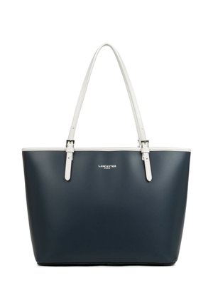Sac fourre-tout bleu marine avec poignées et bordure blanches, équipé de boucles argentées et d'un petit logo "Lancaster Paris" centré à l'avant.