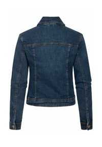 Veste en denim bleu foncé avec un col classique, fermeture à boutons et deux poches latérales. Présente des détails cousus le long des coutures et des poignets.