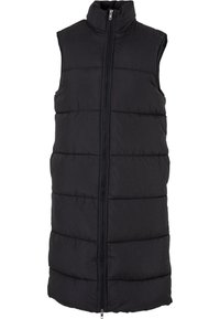 Gilet sans manches noir rembourré avec col haut, motif de couture horizontal, fermeture éclair à l'avant et texture lisse. Idéal pour le superposition.