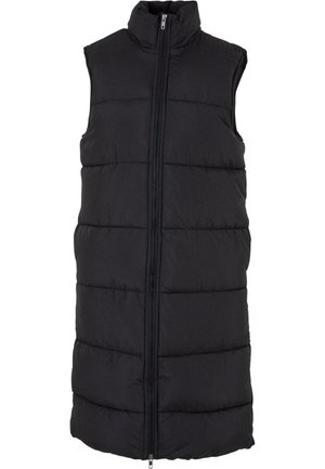 Black sleeveless puffer vest with high collar, horizontal stitched pattern, front zipper closure, and a smooth texture. Ideal for layering.