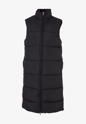 Svart ermeløs puffervest med høy krage, horisontalt sømmer, glidelås foran og en glatt tekstur. Ideell for lagdeling.