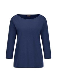 Marineblaue Langarmbluse mit rundem Ausschnitt, weicher Textur und lockerer Passform. Einfaches Design, keine Muster oder sichtbaren Beschläge.