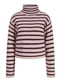 Strickpullover mit hohem Rollkragen, mit abwechselnd burgunderrot und hellrosa horizontalen Streifen. Lange Ärmel, cropped Länge.