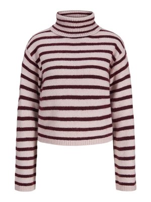 Pull en tricot avec col roulé haut, présentant des rayures horizontales alternées bordeaux et rose clair. Manches longues, longueur courte.
