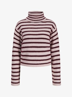 Strikket sweater med høj turtleneck, der har skiftevis kastanjefarvede og lyserøde vandrette striber. Lange ærmer, cropped længde.