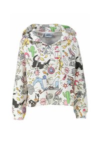 Cropped hoodie featuring a white fabric with colorful Looney Tunes characters, a drawstring hood, and playful designs including cacti and cartoon phrases.