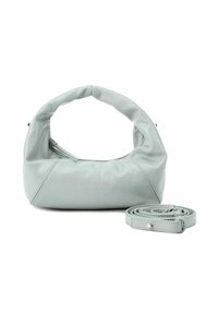 Borsa a tracolla in ecopelle grigia chiara con manico rotondo, tracolla rimovibile e cuciture decorative lungo le cuciture. Chiusura con zip.