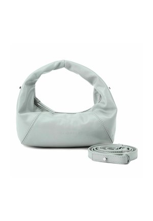 Borsa a tracolla in ecopelle grigia chiara con manico rotondo, tracolla rimovibile e cuciture decorative lungo le cuciture. Chiusura con zip.