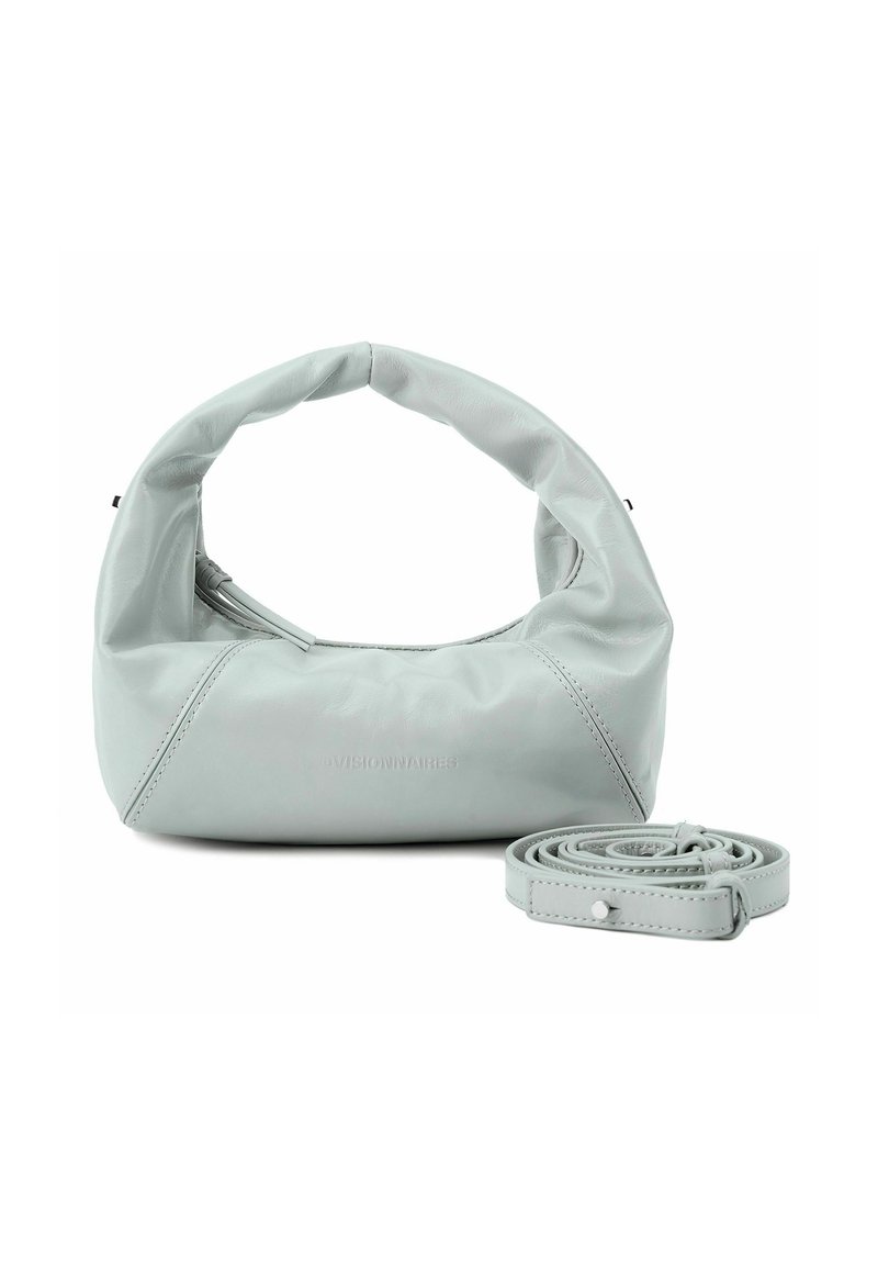 Borsa a tracolla in ecopelle grigia chiara con manico rotondo, tracolla rimovibile e cuciture decorative lungo le cuciture. Chiusura con zip.