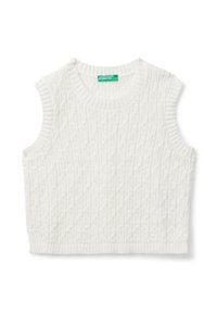 Bílý pletený bezrukávový svetr s kabelovým vzorem a elastickými okraji, uvnitř se zelenou etiketou "United Colors of Benetton".