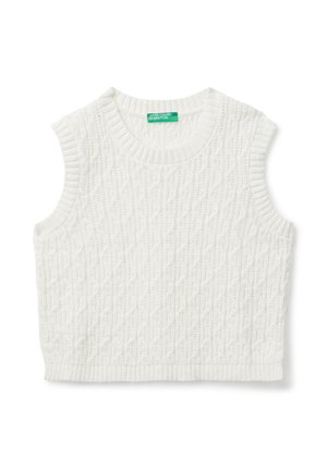 Weißer gestrickter ärmelloser Pullover mit Kabelmuster und gerippten Kanten, mit einem grünen "United Colors of Benetton"-Label innen.
