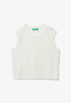 Bílý pletený bezrukávový svetr s kabelovým vzorem a elastickými okraji, uvnitř se zelenou etiketou "United Colors of Benetton".