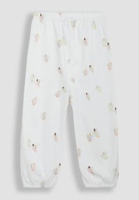 Hvide bomuldsbukser med elastisk talje, prydet med små, farverige fe-illustrationer i pastelfarver over hele stoffet.