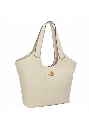 Sac cabas matelassé beige avec deux anses et une boucle décorative dorée au centre devant.
