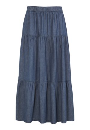 Denim maxi-rok met een elastische tailleband, gelaagd ontwerp en een donkerblauwe kleur. Heeft een geplooide textuur en een uitlopende onderzoom.