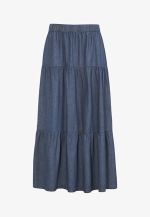 Denim-Maxi-Rock mit elastischem Bund, gestuftem Design und dunkelblauer Farbe. Verfügt über geraffte Textur und einen weit ausgestellten Saum.