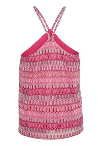 Rosa ärmlös topp med vågiga mönster i olika nyanser av rosa och vitt. Tunna, korsade axelremmar på baksidan. Mjuk tygkänsla.