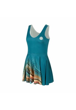 Ärmelloses türkisfarbenes Kleid mit Rundhalsausschnitt und ausgestelltem Rock mit mehrfarbigem geometrischem Muster nahe dem Saum und kleinem weißem Logo auf der Brust.