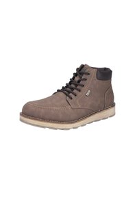 Brown leather ankle boot with padded collar, round toe, black laces, light tan sole, and contrasting stitching. Features a side logo detail.