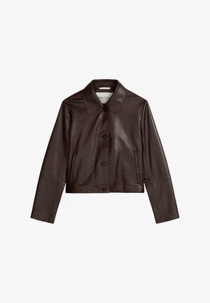 Dark brown leather jacket with long sleeves, button front closure, classic collar, and side pockets, laid flat on a white background.