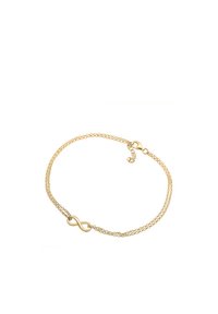 Bracciale in tono oro a infinito con design a doppia catena e un simbolo dell'infinito in finitura lucida come centrale. Leggero con chiusura a gancio.