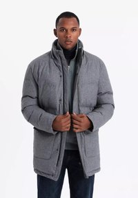 Cappotto imbottito grigio con colletto alto, dotato di zip e chiusura a scatto, due tasche frontali e una texture liscia. Indossato sopra un top scuro.