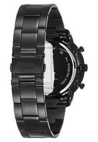 Montre en acier inoxydable noir avec un bracelet à maillons, présentant un design chronographe, des boutons-poussoirs et un fond de boîtier poli avec gravure de la marque.