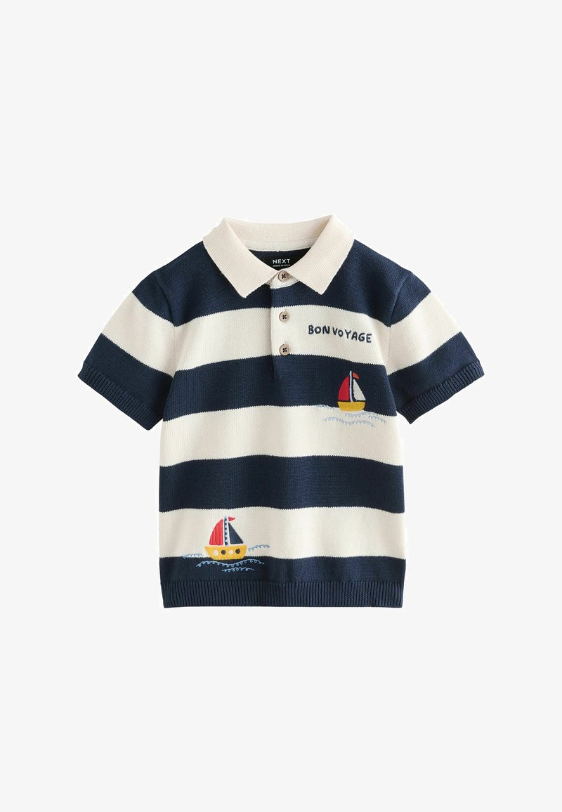Modré a biele pruhované tričko polo s krátkymi rukávmi, s vyšívanými plachetnicami a nápisom "BON VOYAGE". Vyrobené z jemného pleteného materiálu.
