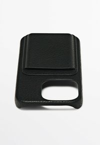 Black leather phone case with a textured surface, featuring a card pocket and a cutout for the camera, sleek design with rounded edges.
