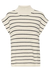 Cremfarbener Strickpullover mit schwarzen horizontalen Streifen, kurzen Ärmeln und hohem geripptem Kragen.