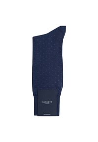 Calzini blu navy con una texture a coste e piccoli pois chiari. Presentano un'etichetta con il marchio sul bordo.