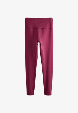 Leggings bordeaux avec une taille haute. Fabriqués en tissu extensible, présentant une texture lisse et un design ajusté, atteignant la longueur mi-mollet.